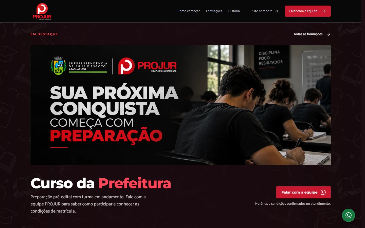 Página inicial do site da PROJUR no computador